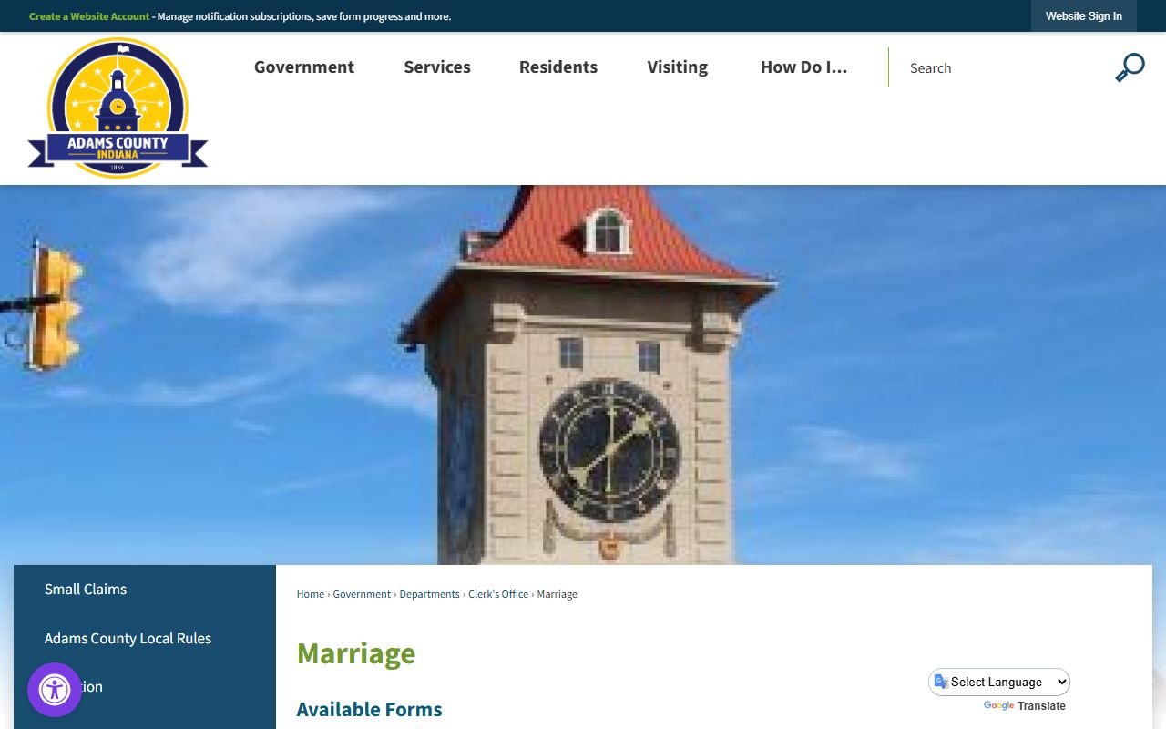 Adams County clerk marriage page for Adams County marriage records