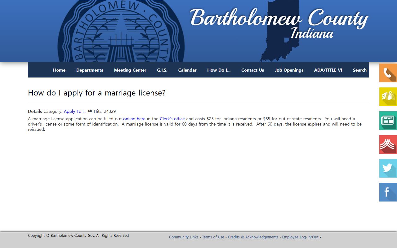Bartholomew County clerk marriage page for Bartholomew County marriage records