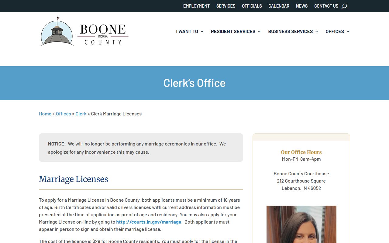 Boone County clerk marriage page for Boone County marriage records