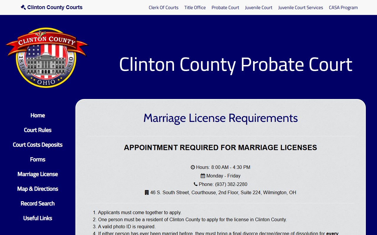 Clinton county clerk page for Clinton County marriage records