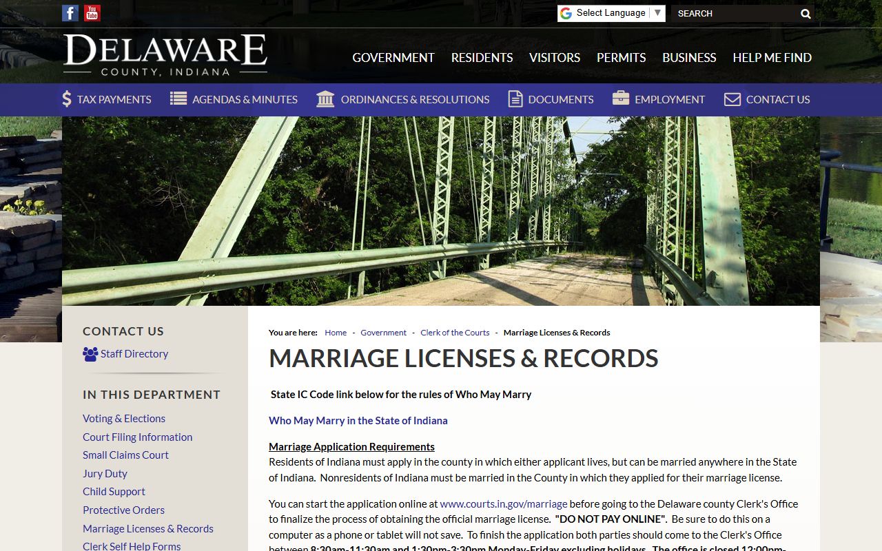 Delaware county clerk page for Delaware County marriage records