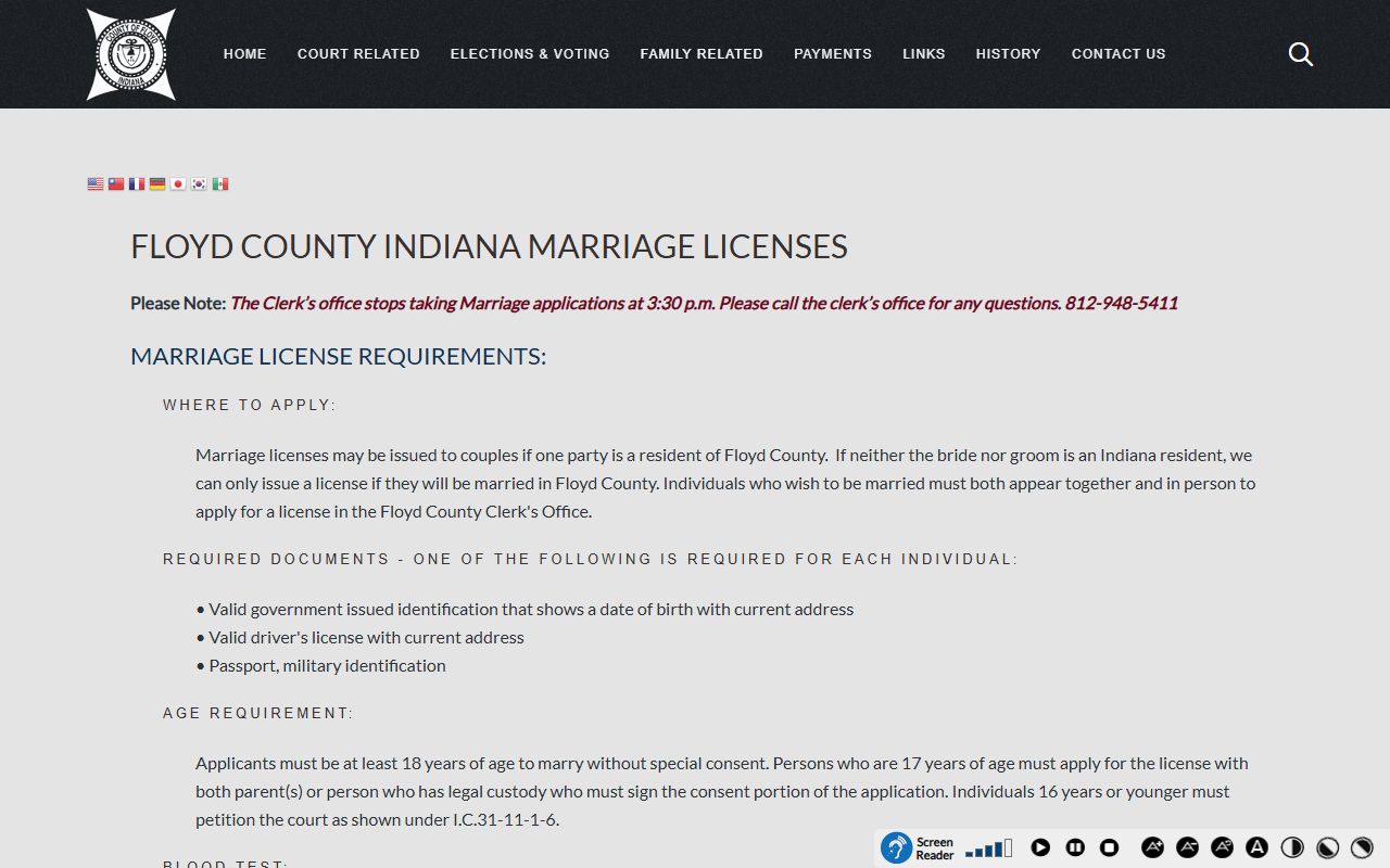 Floyd County clerk marriage records page for Floyd County marriage records
