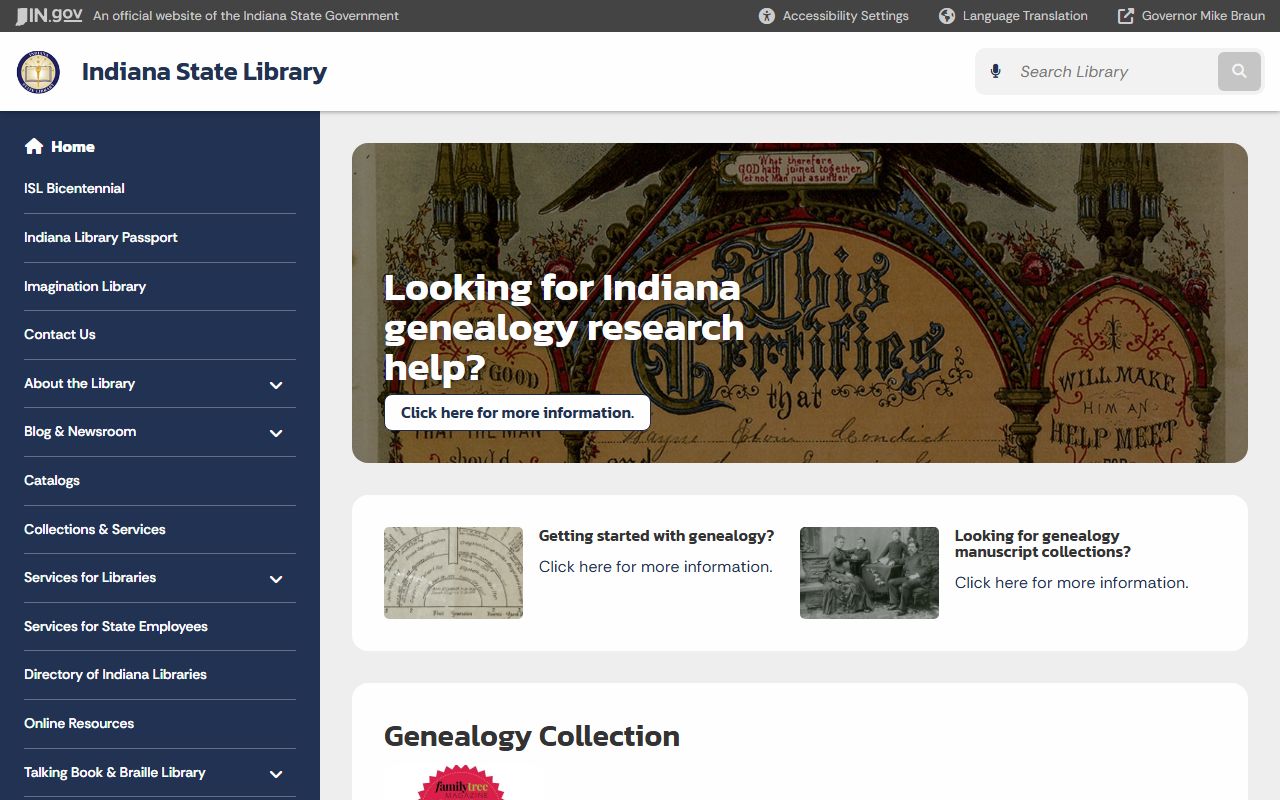 Indiana State Library genealogy page showing historical marriage record resources for Goshen and Elkhart County research