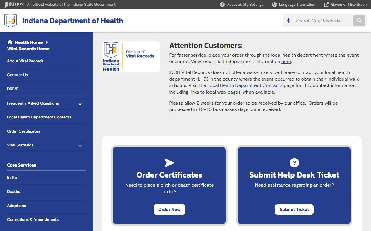 Indiana State Department of Health vital records page for Elkhart County marriage certificate requests