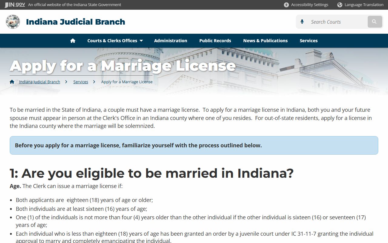 Indiana Courts online marriage license application portal for Indiana marriage records
